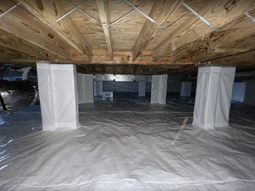 crawl space moisture barrier under house installed on floors and columns