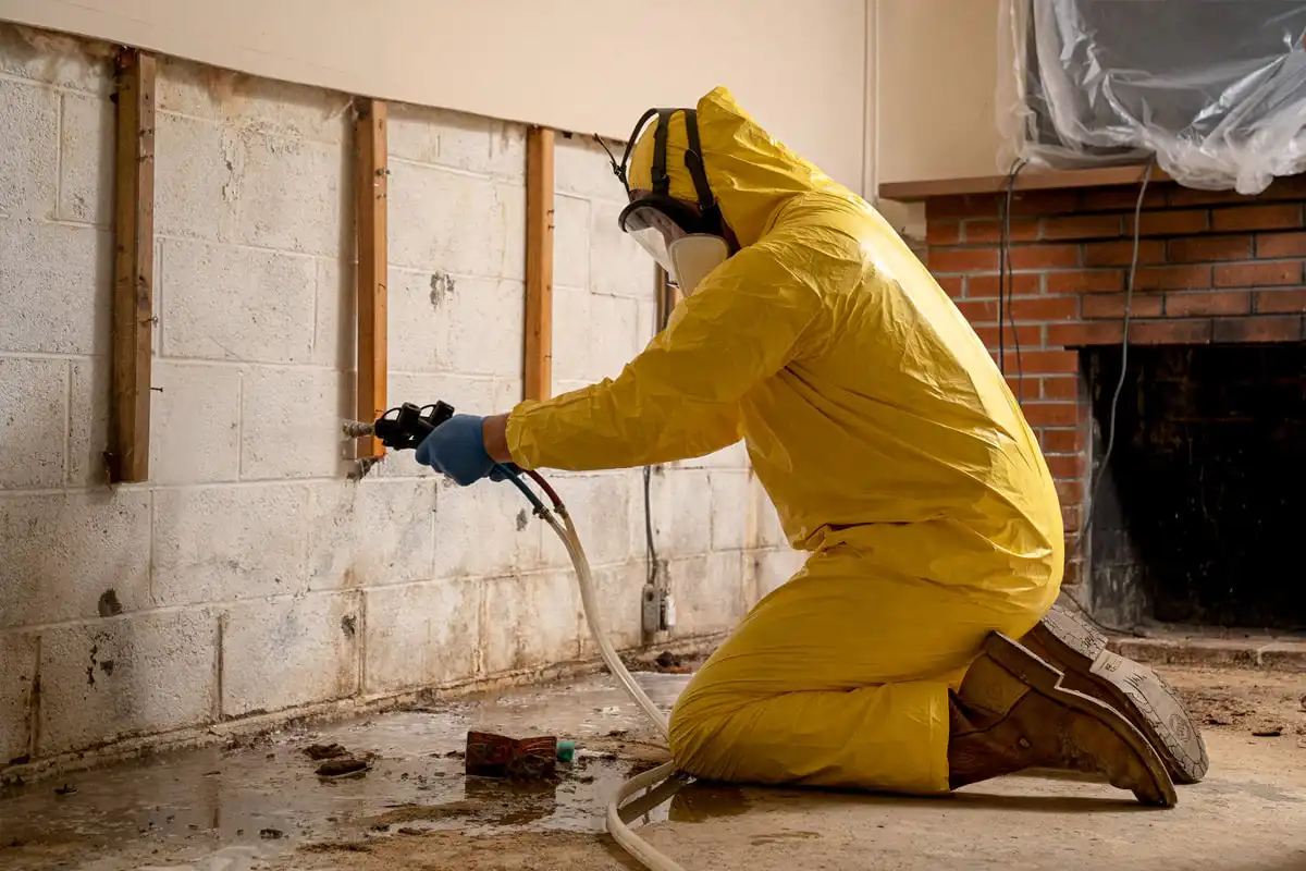 Mold remediation spray in a basement behind drywall in a home