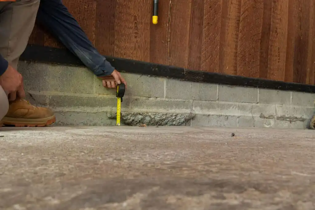 Measuring tape showing how much a basement or garage floor has sunk