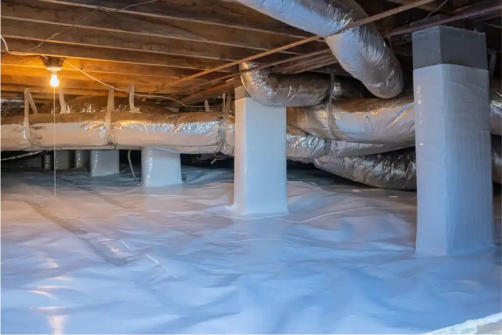 A crawl space after encapsulation, looking bright and clean