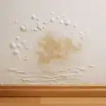 A section of wall that has bubbling paint and discoloration from water damage