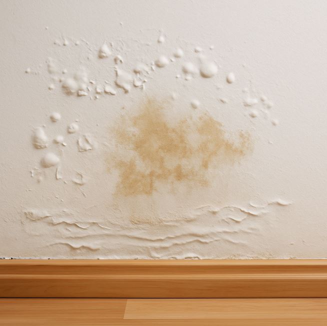 A section of wall that has bubbling paint and discoloration from water damage