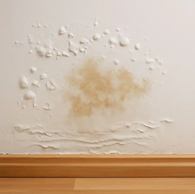 A section of wall that has bubbling paint and discoloration from water damage