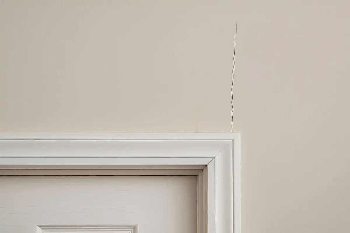 Vertical crack in drywall above door frame