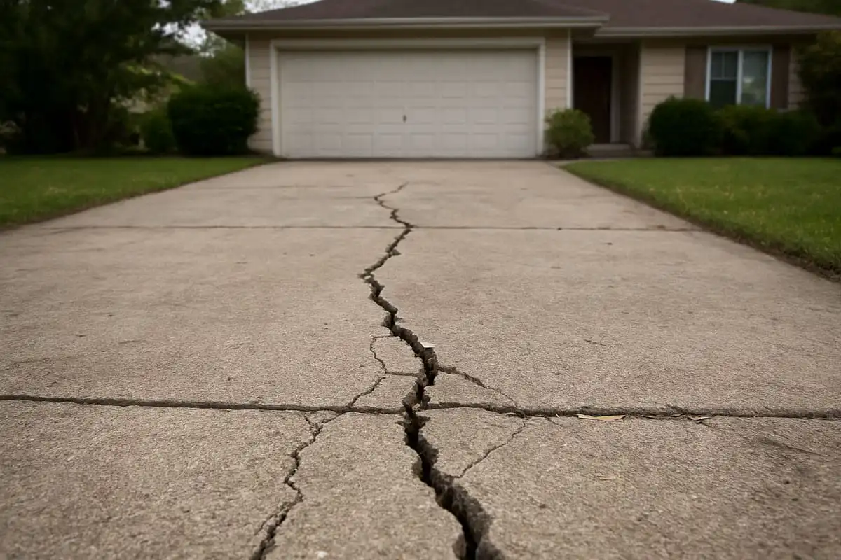 A cracked concrete driveway