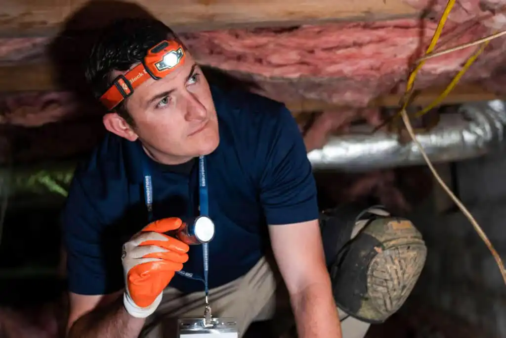 Home repair specialist checking for problem signs in a home's crawl space