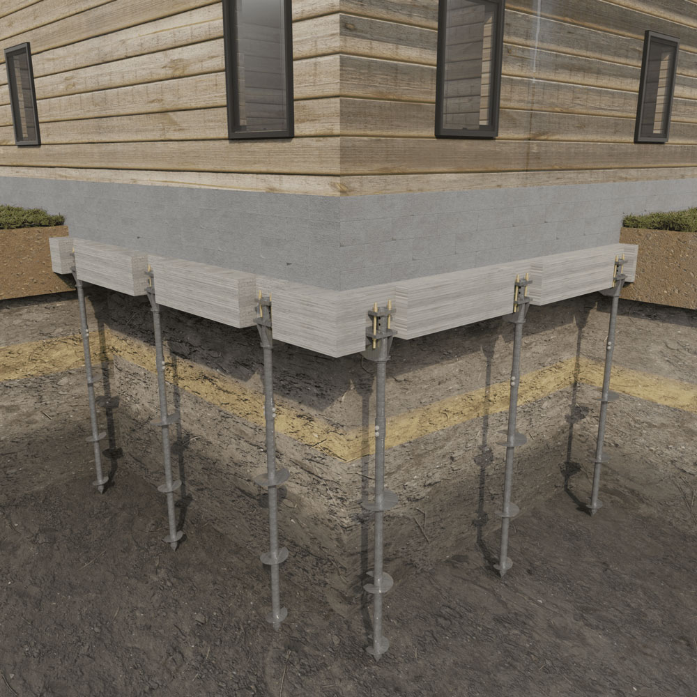 Illustration showing how helical piers attach to a building's foundation and are driven into the ground
