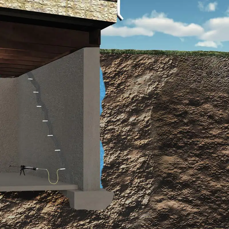 Diagram showing how basement cracks are injected with polyurethane to stop outside water from entering